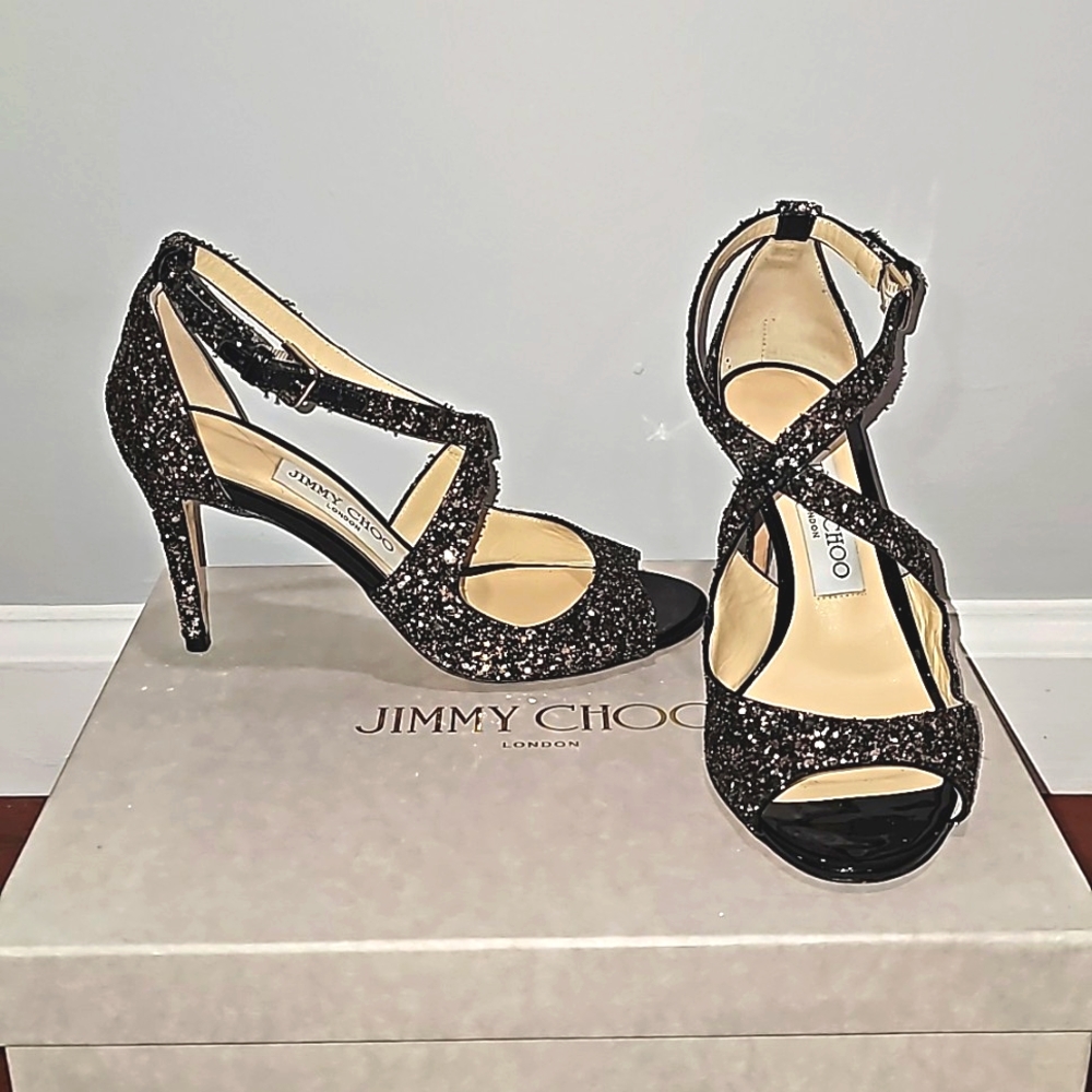 Jimmy Choo Emily Coarse Glitter Black Stiletto Heels
